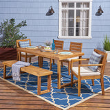 Noble House Nestor Outdoor 6-Seater Acacia Wood Dining Set with Bench, Sandblast Natural and Cream