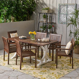 Cassia Outdoor Rustic Farmhouse Acacia Wood 7 Piece Dining Set, Dark Brown and White Noble House