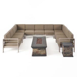 Cape Coral Outdoor 11 Seater Aluminum U-Shaped Sofa Sectional and Fire Pit Set, Khaki and Stone Noble House
