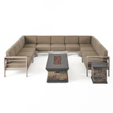 Cape Coral Outdoor 11 Seater Aluminum U-Shaped Sofa Sectional and Fire Pit Set, Khaki and Stone Noble House