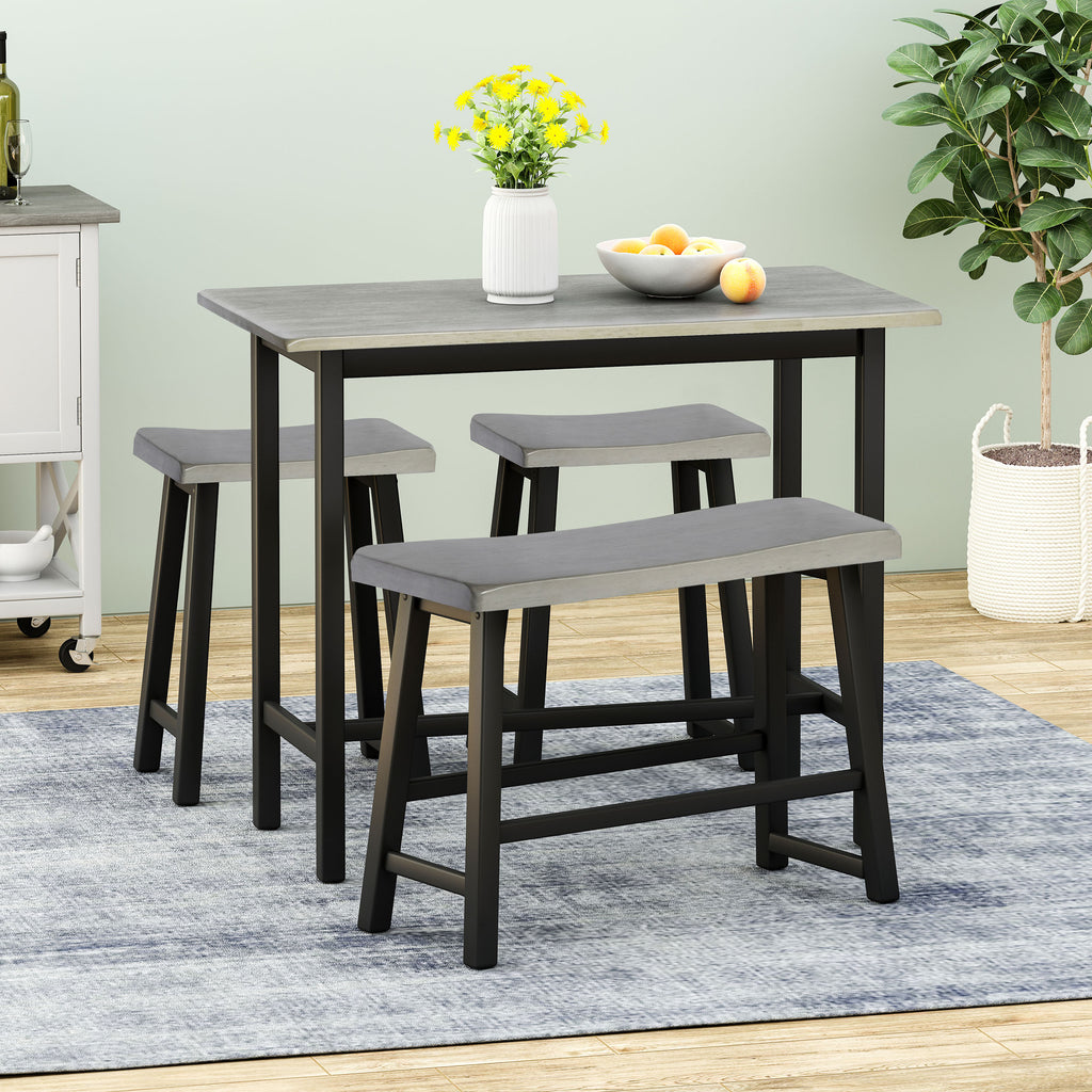 Pomeroy Farmhouse 4 Seater Rubber Wood Counter Dining Set, Gray and Black Noble House