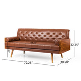Barnard Mid-Century Modern Tufted Sofa with Rolled Accent Pillows, Cognac Brown, Dark Walnut, and Gold Noble House