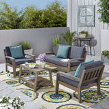 Grenada Patio Conversation Set with Coffee Table, 4-Seater, Acacia Wood, Gray Finish with Dark Gray Outdoor Cushions Noble House