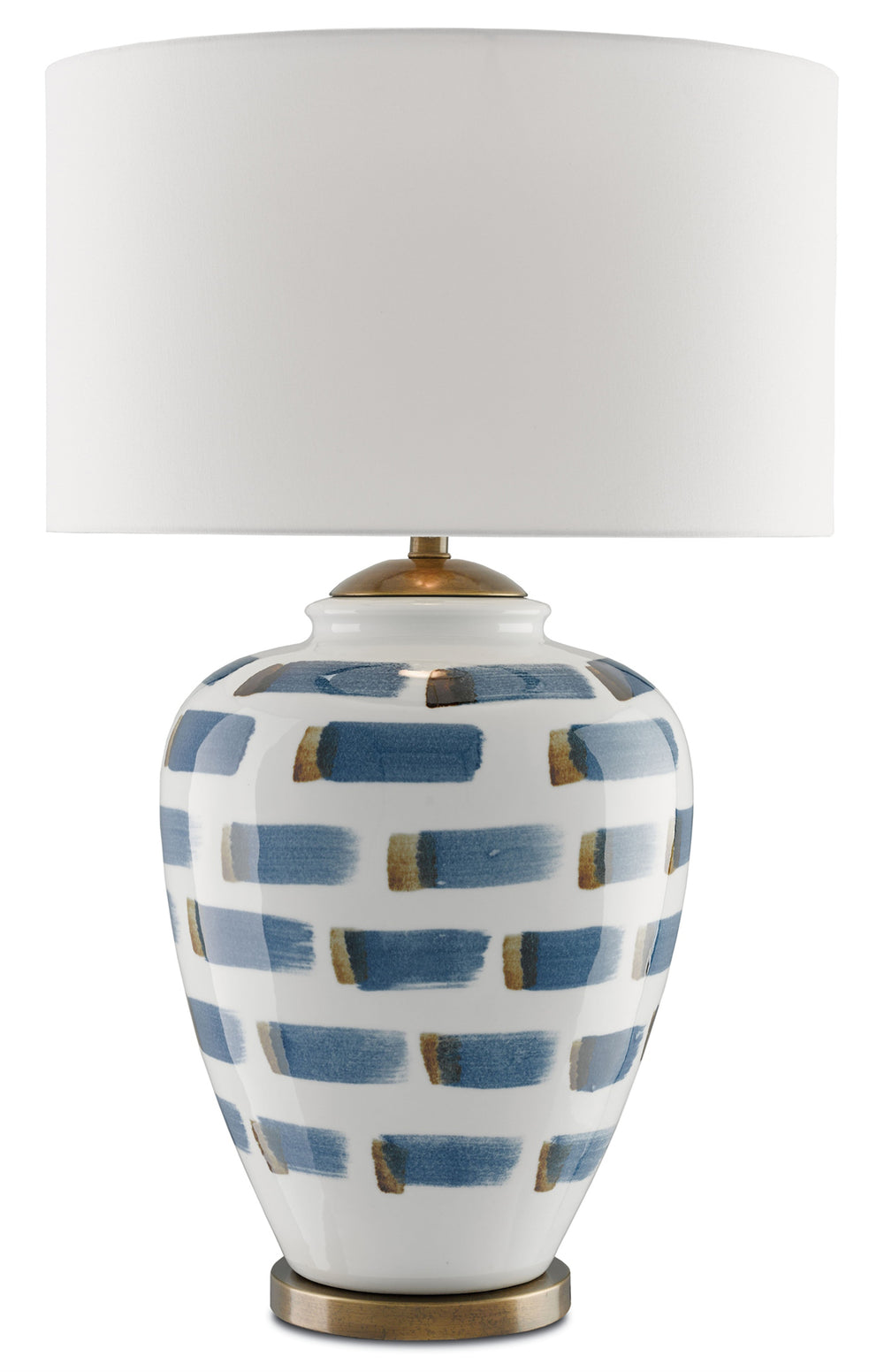 Brushstroke Table Lamp - Artistic Royal Blue & Antique Brass Design with White Linen Shade, 32.5"