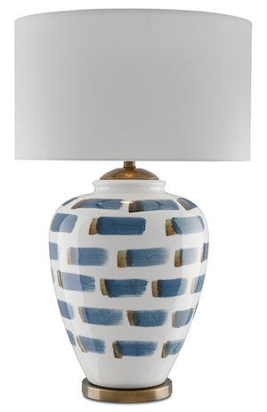 Brushstroke Table Lamp - Artistic Royal Blue & Antique Brass Design with White Linen Shade, 32.5"