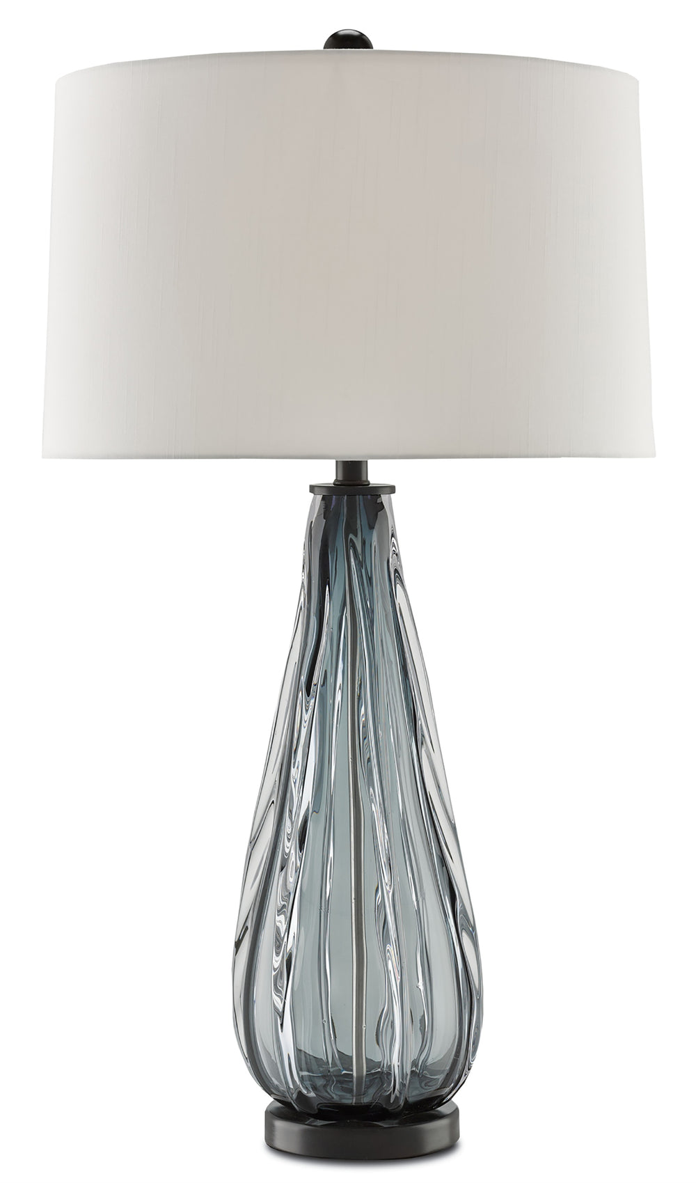 Nightcap Table Lamp - Elegant Blue-Gray Glass with Satin Black Hardware & Off-White Shantung Shade