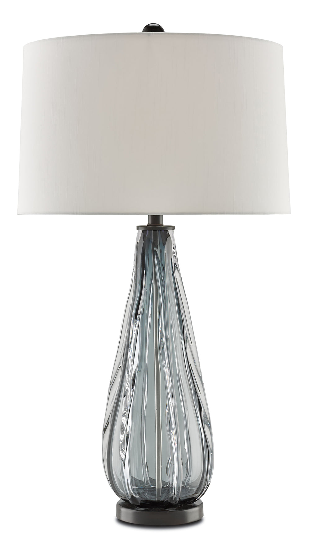 Nightcap Table Lamp - Elegant Blue-Gray Glass with Satin Black Hardware & Off-White Shantung Shade