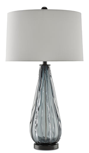 Nightcap Table Lamp - Elegant Blue-Gray Glass with Satin Black Hardware & Off-White Shantung Shade