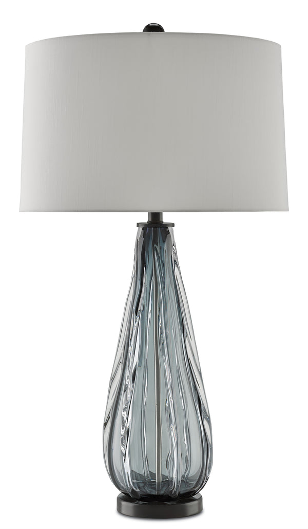 Nightcap Table Lamp - Elegant Blue-Gray Glass with Satin Black Hardware & Off-White Shantung Shade