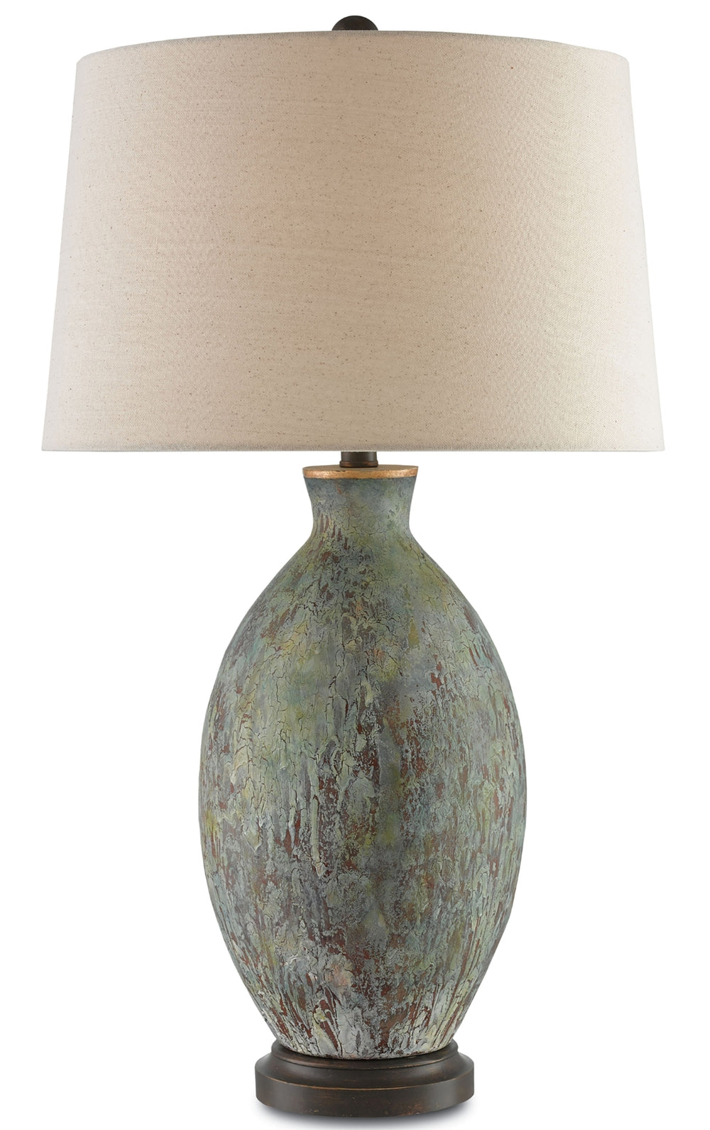 Remi Table Lamp - Distressed Terracotta with Green & Red Glazes, Flax Linen Shade, Aged Copper Look