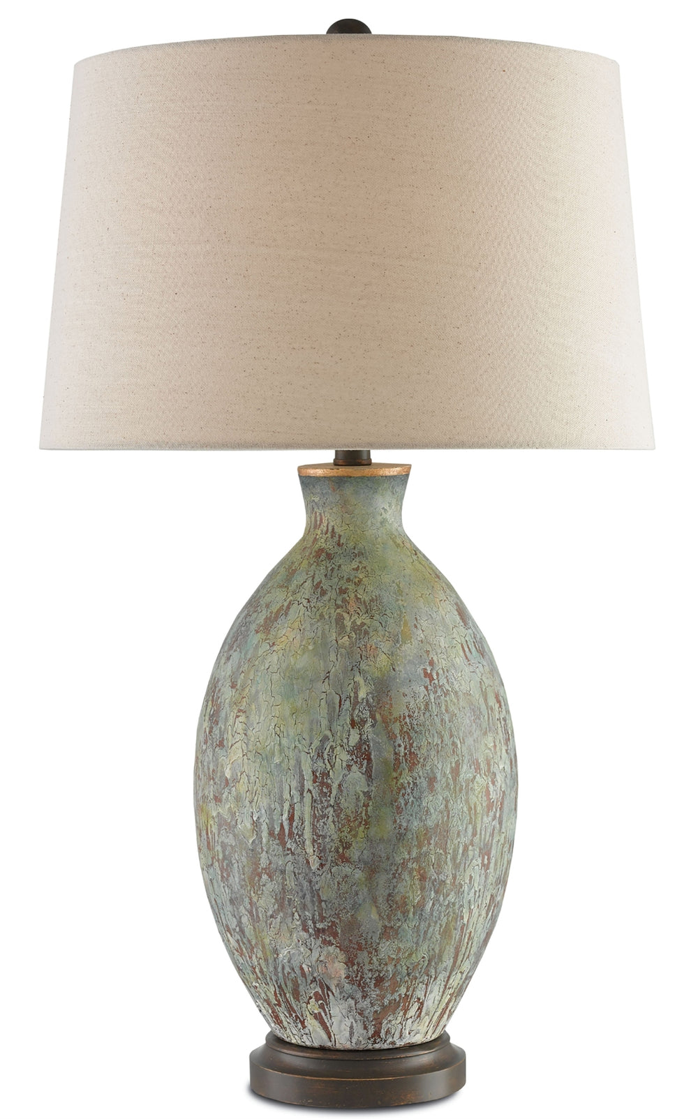 Remi Table Lamp - Distressed Terracotta with Green & Red Glazes, Flax Linen Shade, Aged Copper Look