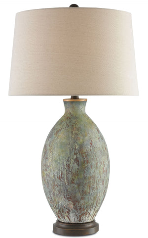 Remi Table Lamp - Distressed Terracotta with Green & Red Glazes, Flax Linen Shade, Aged Copper Look