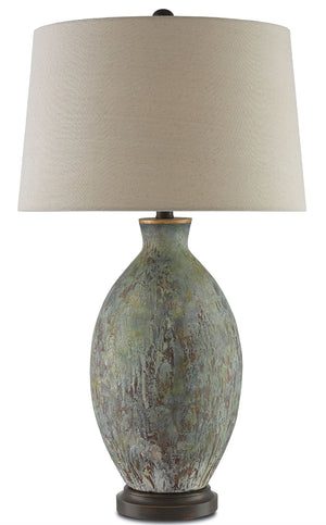 Remi Table Lamp - Distressed Terracotta with Green & Red Glazes, Flax Linen Shade, Aged Copper Look