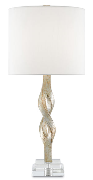 Elyx Table Lamp - Elegant Chinois Silver Leaf Finish with Off-White Shade & Acrylic Base Design