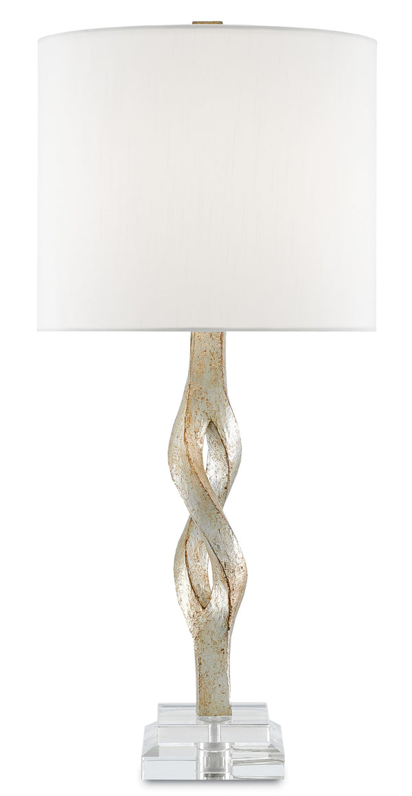 Elyx Table Lamp - Elegant Chinois Silver Leaf Finish with Off-White Shade & Acrylic Base Design