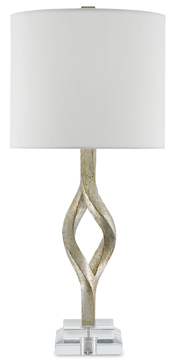 Elyx Table Lamp - Elegant Chinois Silver Leaf Finish with Off-White Shade & Acrylic Base Design