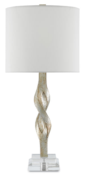 Elyx Table Lamp - Elegant Chinois Silver Leaf Finish with Off-White Shade & Acrylic Base Design