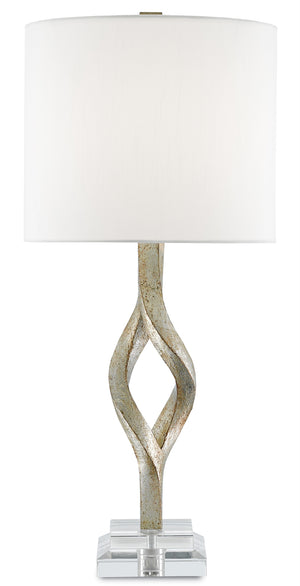 Elyx Table Lamp - Elegant Chinois Silver Leaf Finish with Off-White Shade & Acrylic Base Design