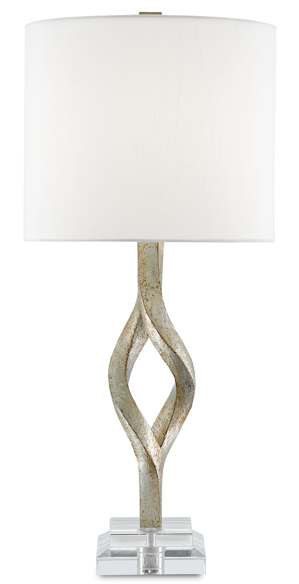 Elyx Table Lamp - Elegant Chinois Silver Leaf Finish with Off-White Shade & Acrylic Base Design