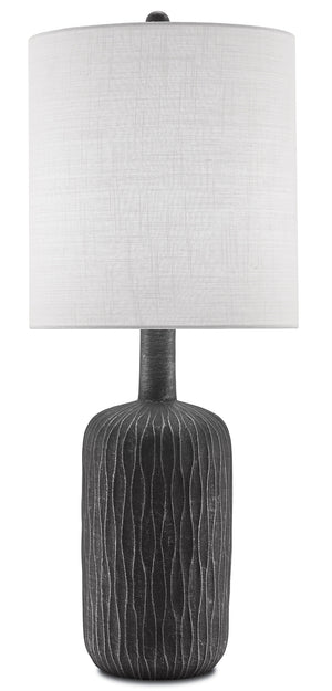 Rivers Table Lamp - Textured Ceramic Column with Steel Gray & Matte Black Finish, Linen Shade