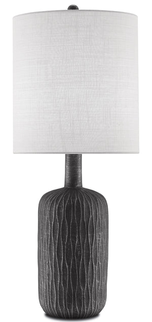 Rivers Table Lamp - Textured Ceramic Column with Steel Gray & Matte Black Finish, Linen Shade