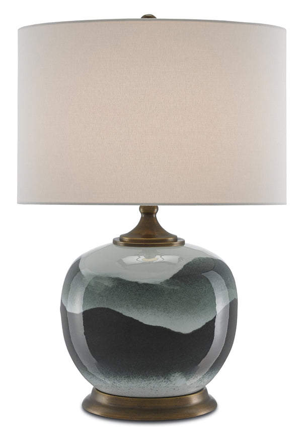 Boreal Table Lamp - Elegant Green Porcelain Design with Antique Brass Finish & White Linen Shade