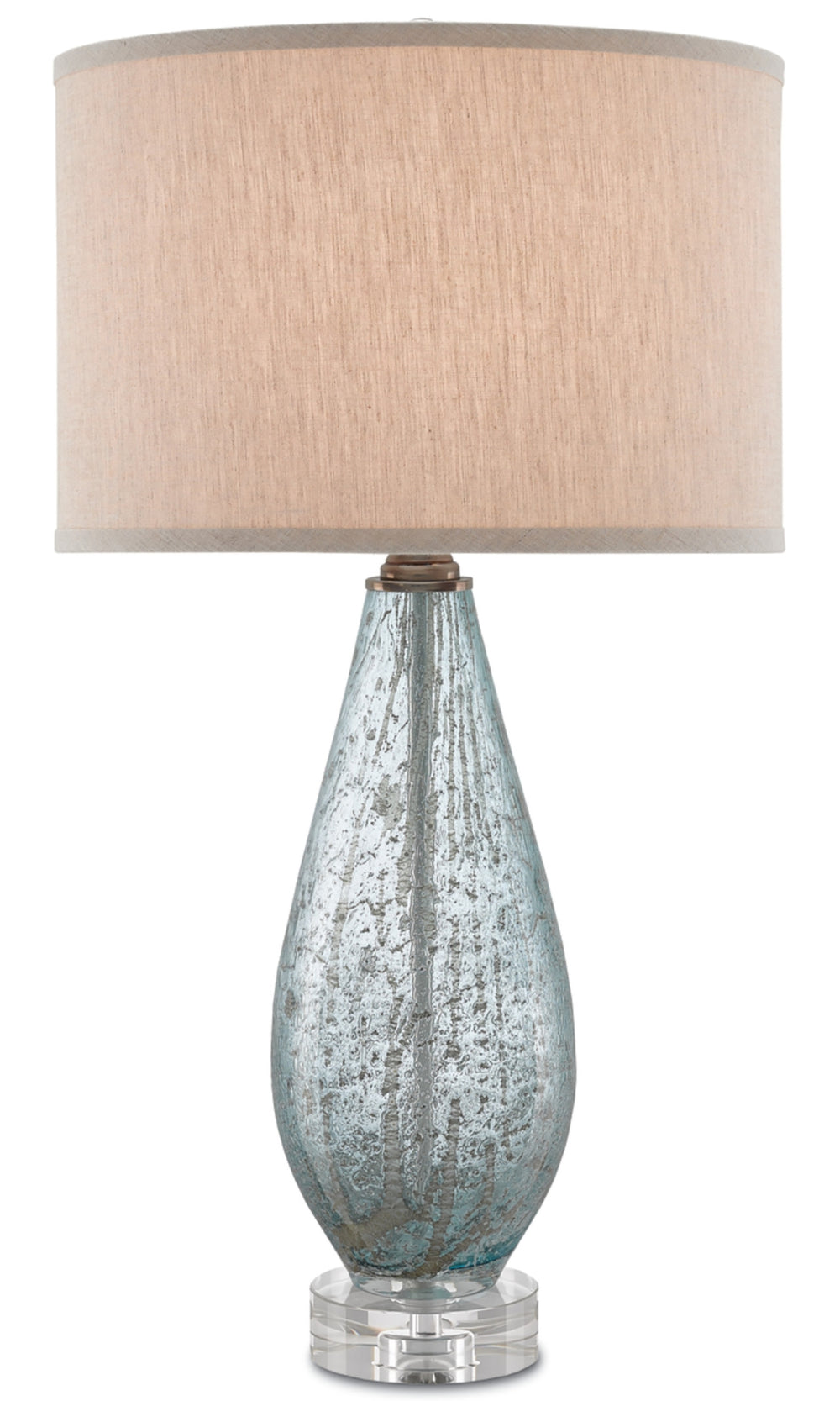 Optimist Table Lamp - Elegant Pale Blue Speckled Glass with Natural Linen Shade & Crystal Base