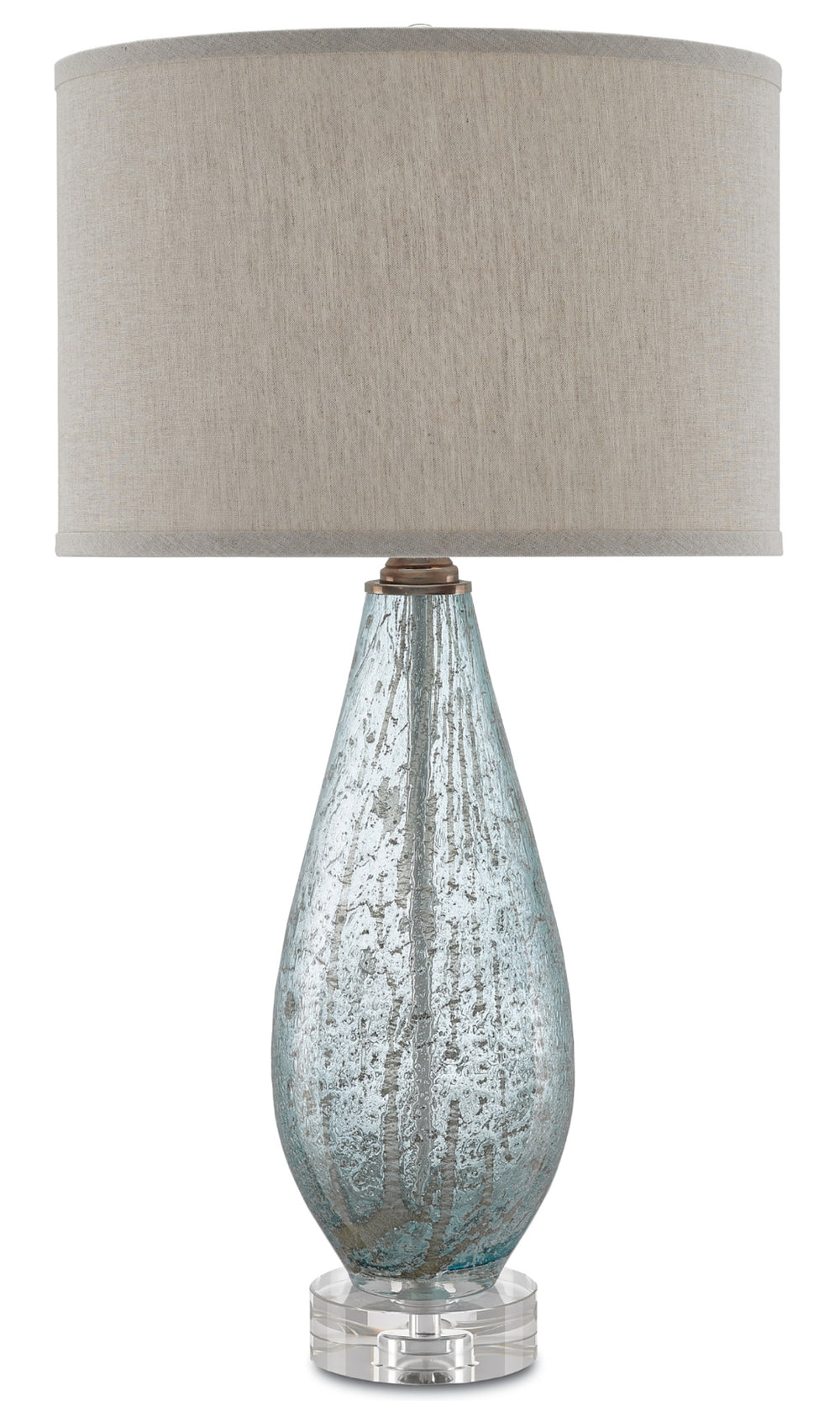 Optimist Table Lamp - Elegant Pale Blue Speckled Glass with Natural Linen Shade & Crystal Base