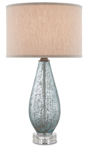 Optimist Table Lamp - Elegant Pale Blue Speckled Glass with Natural Linen Shade & Crystal Base