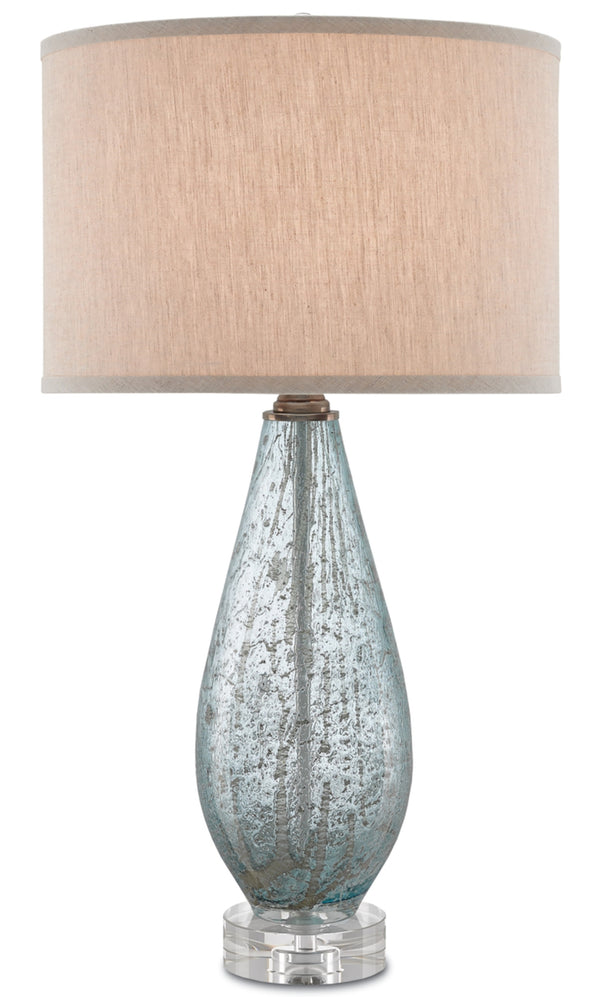 Optimist Table Lamp - Elegant Pale Blue Speckled Glass with Natural Linen Shade & Crystal Base