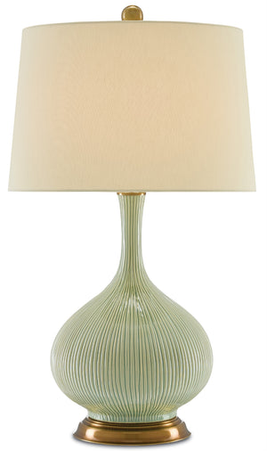 Cait Table Lamp - Elegant Grass Green Ceramic Design with Antique Brass Finish & Tan Linen Shade