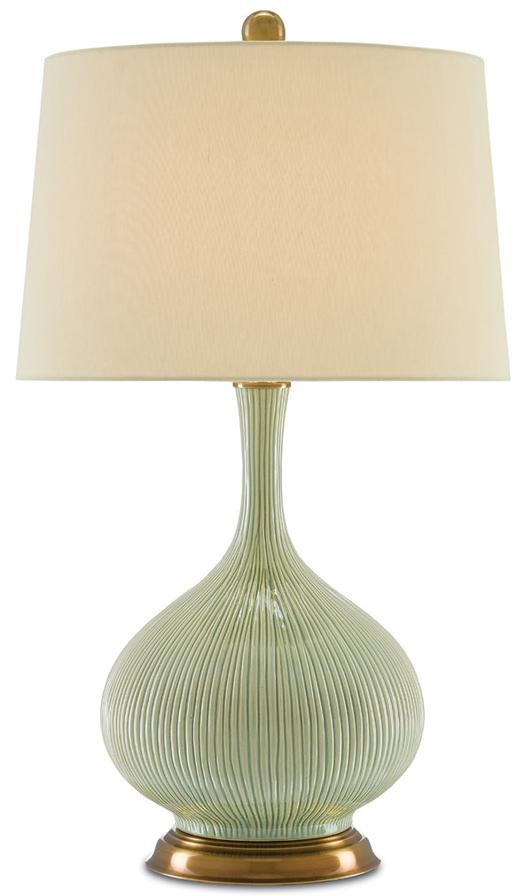 Cait Table Lamp - Elegant Grass Green Ceramic Design with Antique Brass Finish & Tan Linen Shade