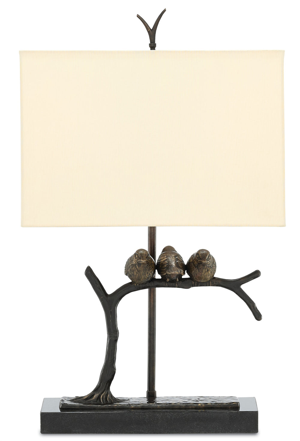 Sparrow Table Lamp - Whimsical Brass Design with Bronze Finish, Black Marble Base & Beige Shade