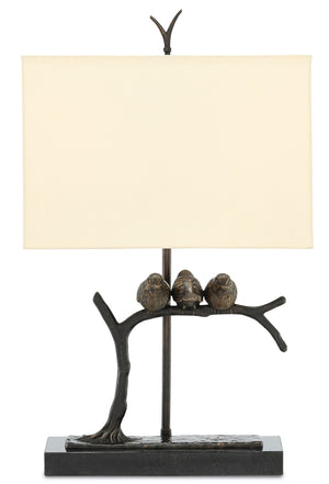 Sparrow Table Lamp - Whimsical Brass Design with Bronze Finish, Black Marble Base & Beige Shade