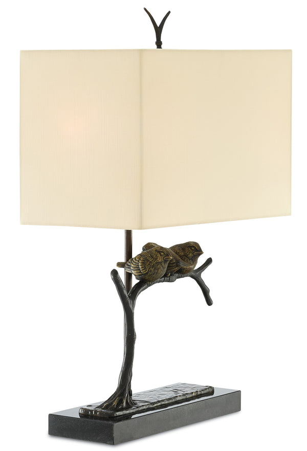 Sparrow Table Lamp - Whimsical Brass Design with Bronze Finish, Black Marble Base & Beige Shade