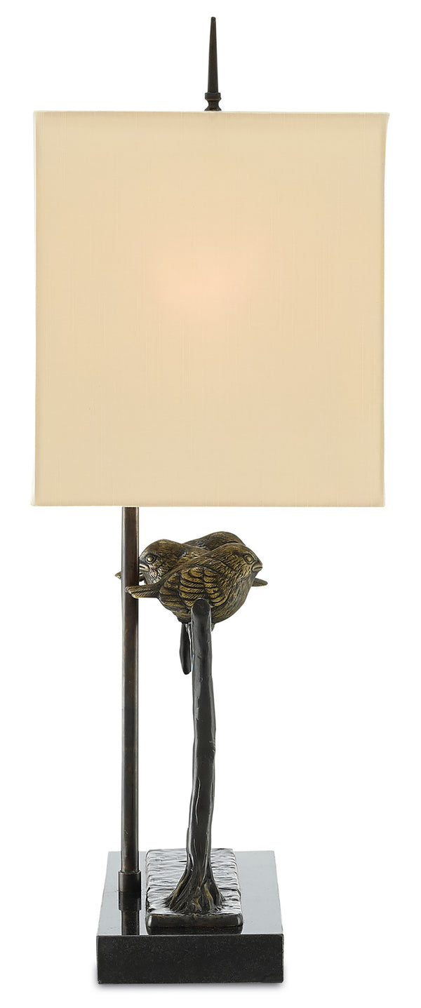 Sparrow Table Lamp - Whimsical Brass Design with Bronze Finish, Black Marble Base & Beige Shade