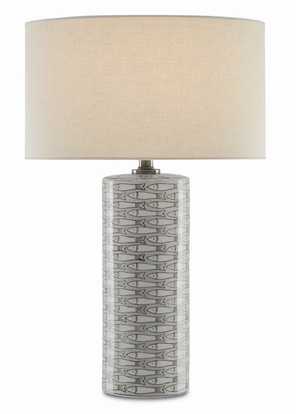 Fisch Large Table Lamp - Elegant Gray & White Porcelain with Off-White Linen Shade, 150W Max