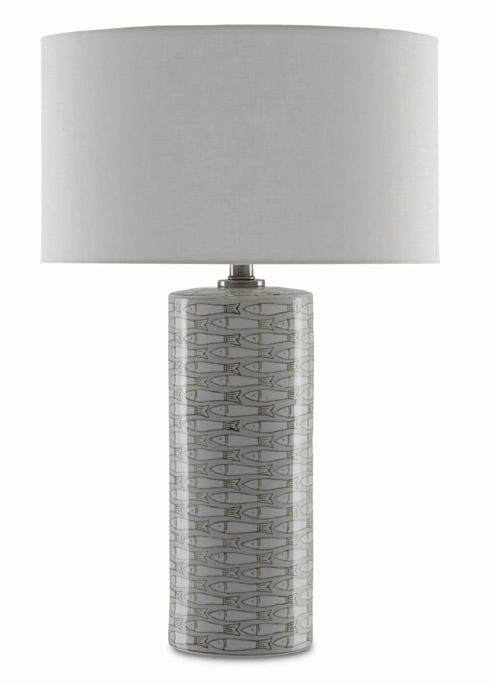 Fisch Large Table Lamp - Elegant Gray & White Porcelain with Off-White Linen Shade, 150W Max