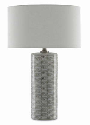 Fisch Large Table Lamp - Elegant Gray & White Porcelain with Off-White Linen Shade, 150W Max