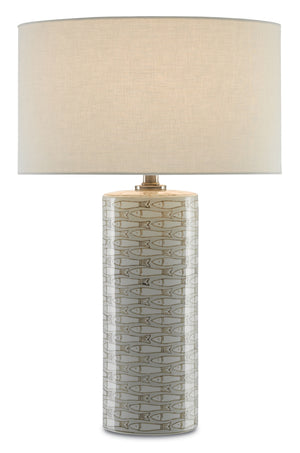 Fisch Large Table Lamp - Elegant Gray & White Porcelain with Off-White Linen Shade, 150W Max