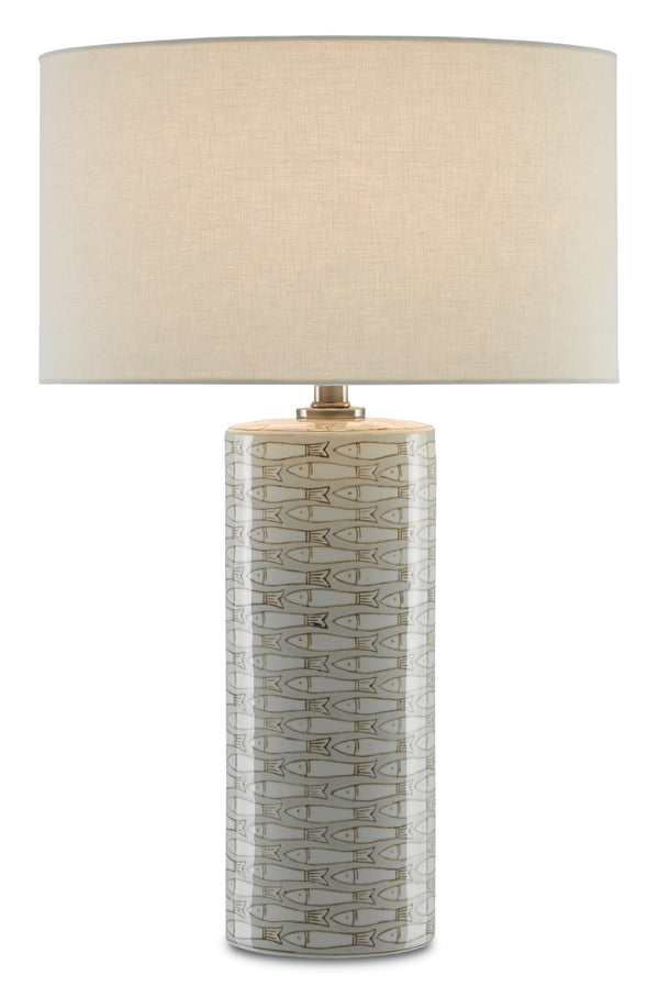 Fisch Large Table Lamp - Elegant Gray & White Porcelain with Off-White Linen Shade, 150W Max