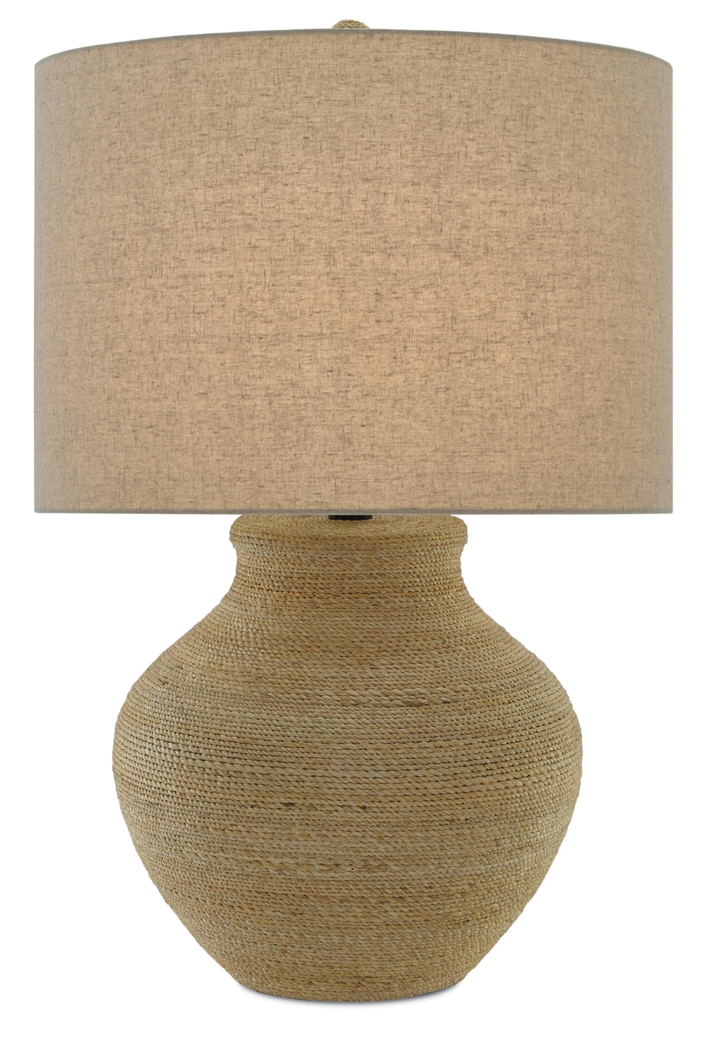 Hensen Table Lamp - Olive-Jar Shaped Abacá Rope Design with Beige Linen Shade & Wrought Iron Base