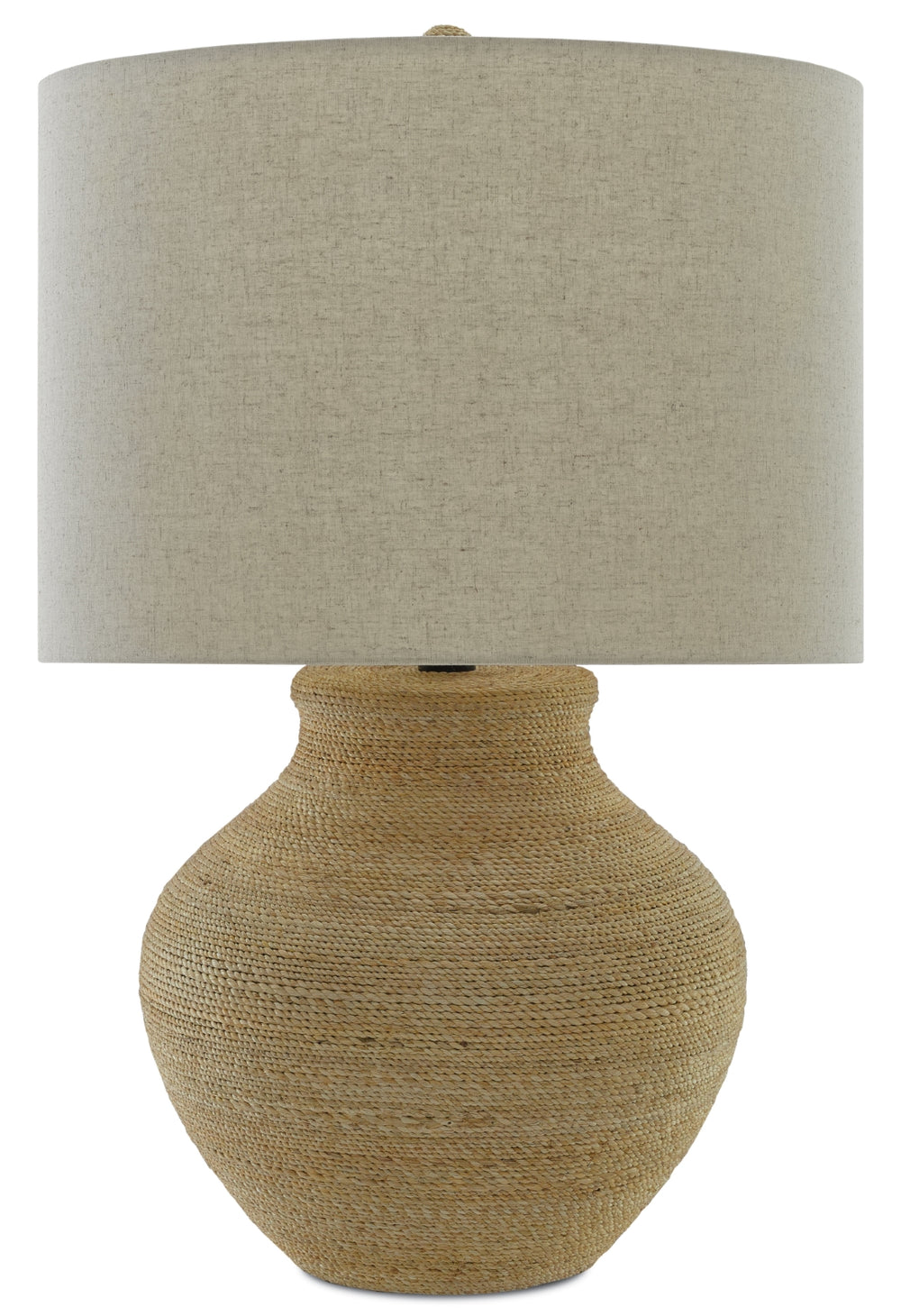 Hensen Table Lamp - Olive-Jar Shaped Abacá Rope Design with Beige Linen Shade & Wrought Iron Base