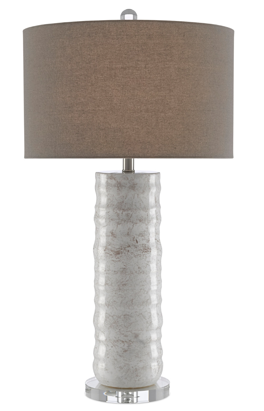 Pila Table Lamp - Elegant Ivory and Taupe Ceramic Design with Gray Linen Shade & Crystal Base