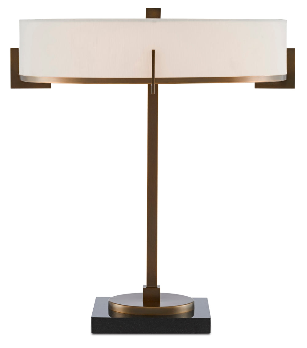 Jacobi Table Lamp - Elegant Antique Brass with Black Marble Base & Off-White Shantung Shade Design