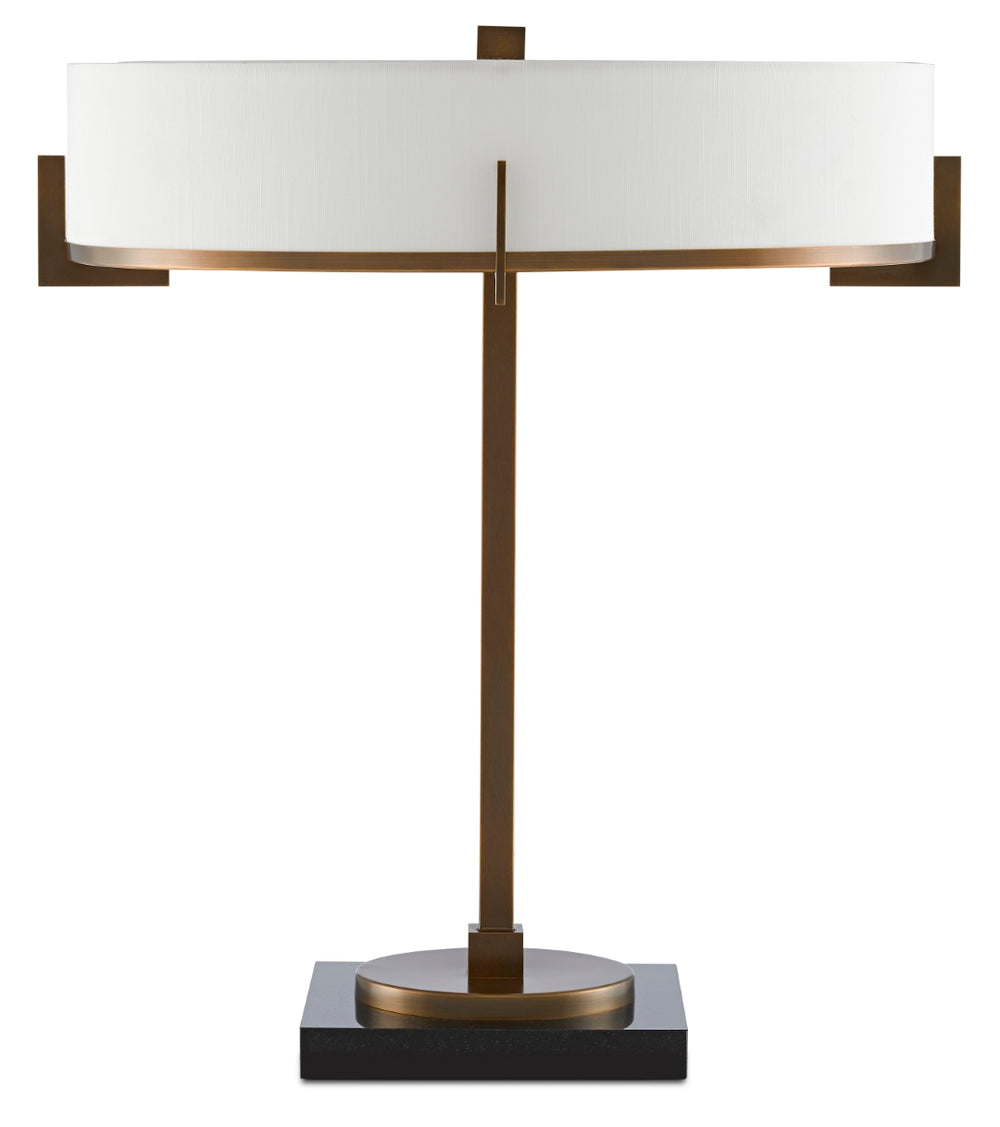 Jacobi Table Lamp - Elegant Antique Brass with Black Marble Base & Off-White Shantung Shade Design