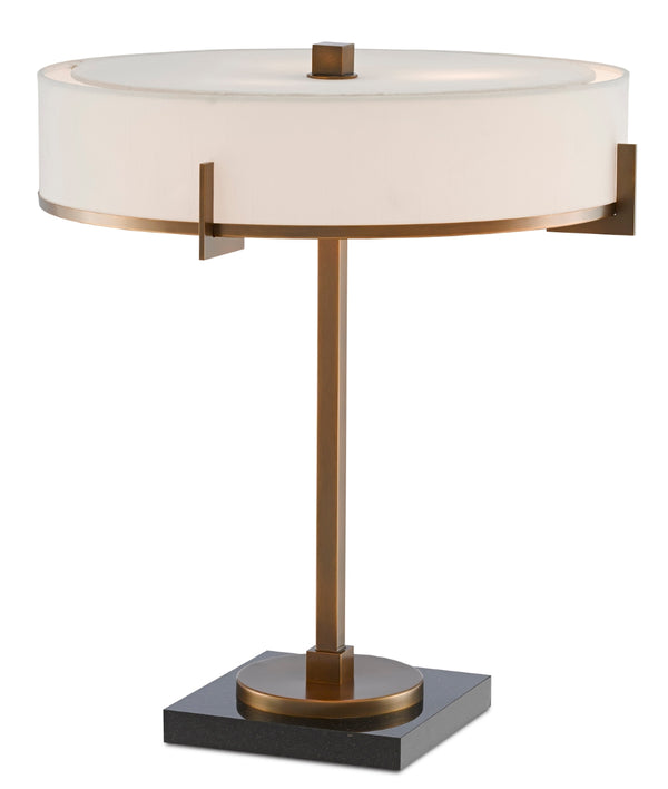 Jacobi Table Lamp - Elegant Antique Brass with Black Marble Base & Off-White Shantung Shade Design