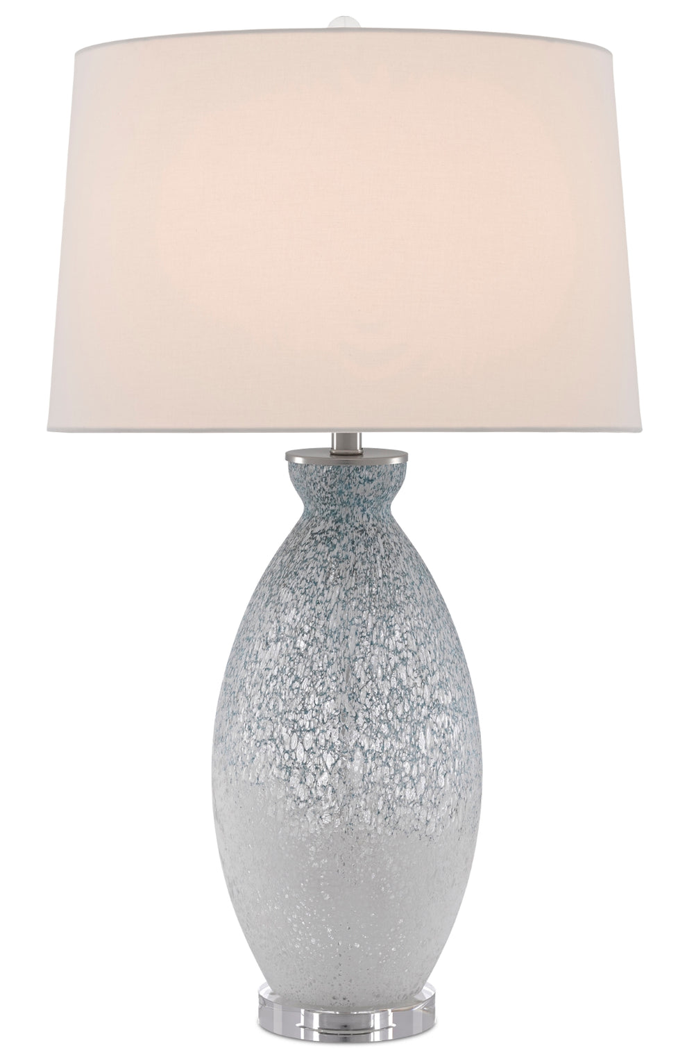 Hatira Table Lamp - Elegant Pale Blue Glass Design with Off-White Linen Shade & Crystal Base