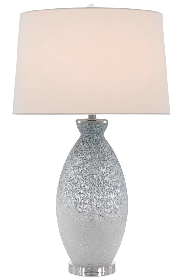 Hatira Table Lamp - Elegant Pale Blue Glass Design with Off-White Linen Shade & Crystal Base