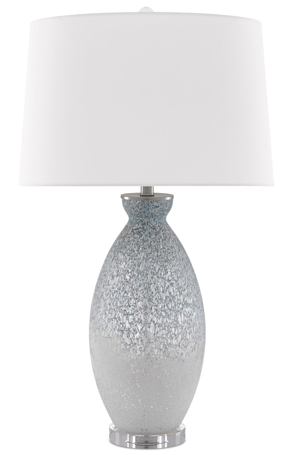 Hatira Table Lamp - Elegant Pale Blue Glass Design with Off-White Linen Shade & Crystal Base